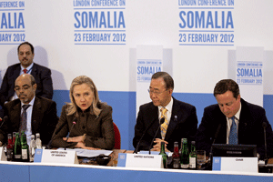 Hillary Clinton, Ban Ki-moon y David Cameron, Cumbre Londres sobre Somalia