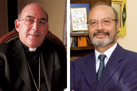 obispo Casimiro López Llorente presidente Comisión Enseñanza y José María Alvira secretario Escuelas Católicas