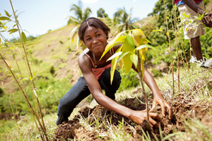 chica africana planta un árbol