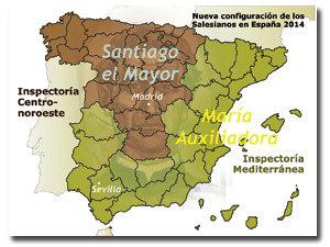 mapa de la nueva configuración de las provincias salesianas en España para 2014
