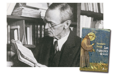 el escritor Herman Hesse en la biblioteca y su libro sobre san Francisco de Asís