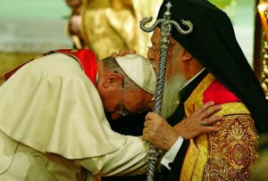 Pope Francis, Ecumenical Patriarch Bartholomew of Constantinople embrace during prayer service in Istanbul