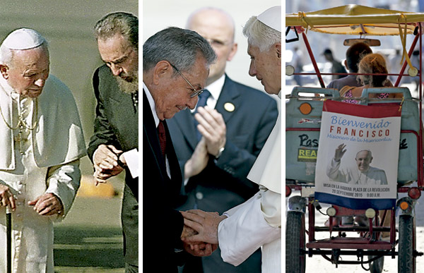Juan Pablo II con Fidel Castro 1998, Benedicto XVI con Raúl Castro 2012, Cuba espera al papa Francisco 2015