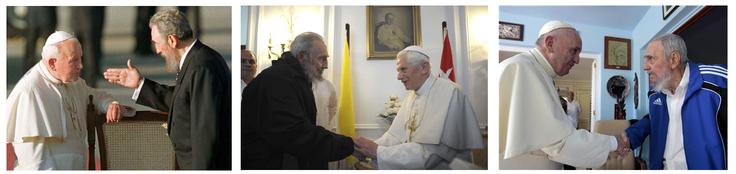 tres papas con Fidel Castro Juan Pablo II 1998, Benedicto XVI 2012, Francisco 2015
