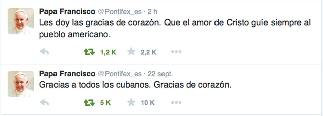 Tuits publicados por el Papa en su cuenta de Twitter Pontifex_es tras el viaje a Cuba y Estados Unidos 19-28 septiembre 2015