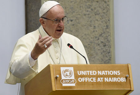 Francisco, durante su discurso ante la sede de la ONU de Nairobi