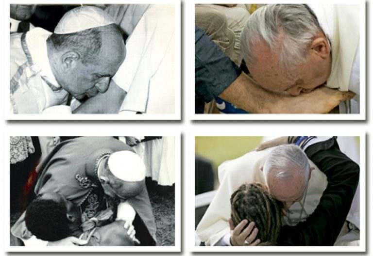 imágenes de Pablo VI y de Francisco besando pies y abrazando a personas
