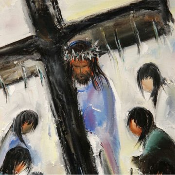 cuadro Jesús llevando la cruz se encuentra con mujeres durante el vía crucis