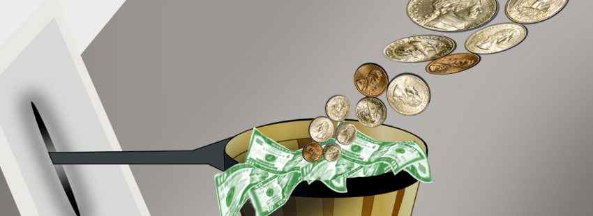 ilustración de recaudación de dinero en un cestillo billetes y monedas