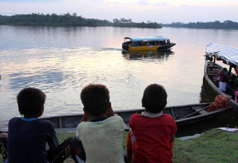 Unos niños indígenas observan el río Amazonas desde Perú archivo