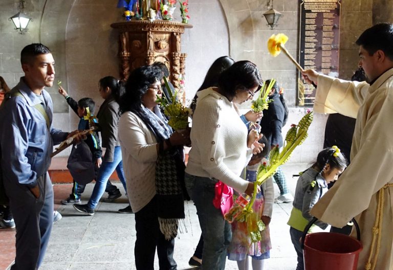 comunidad de católicos en Bolivia recibiendo bendición ramos