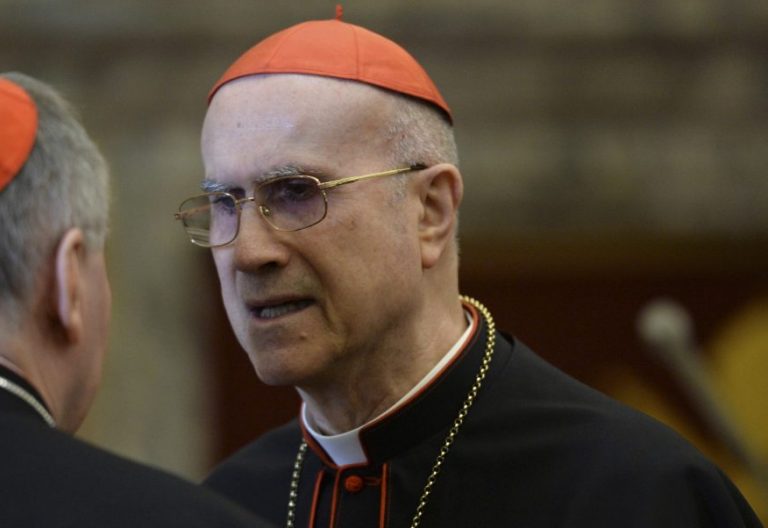 Los cardenales Parolin y Bertone conversan en la Sala Clementina, en diciembre de 2015/CNS