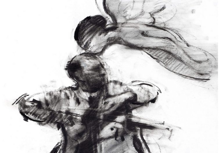 fragmento de Ángel y cellista músico cuadro pintura obra de Charles Mackesy