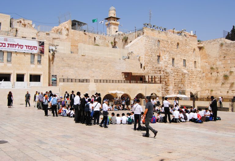 Un grupo de niños judíos ultraortodoxos cantan en los aledaños del Muro de las lamentaciones