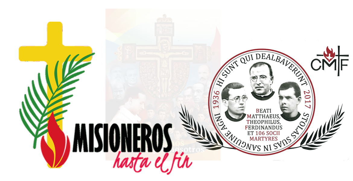 montaje de carteles y logos de la beatificación de 109 mártires Misioneros Claretianos en Barcelona octubre 2017