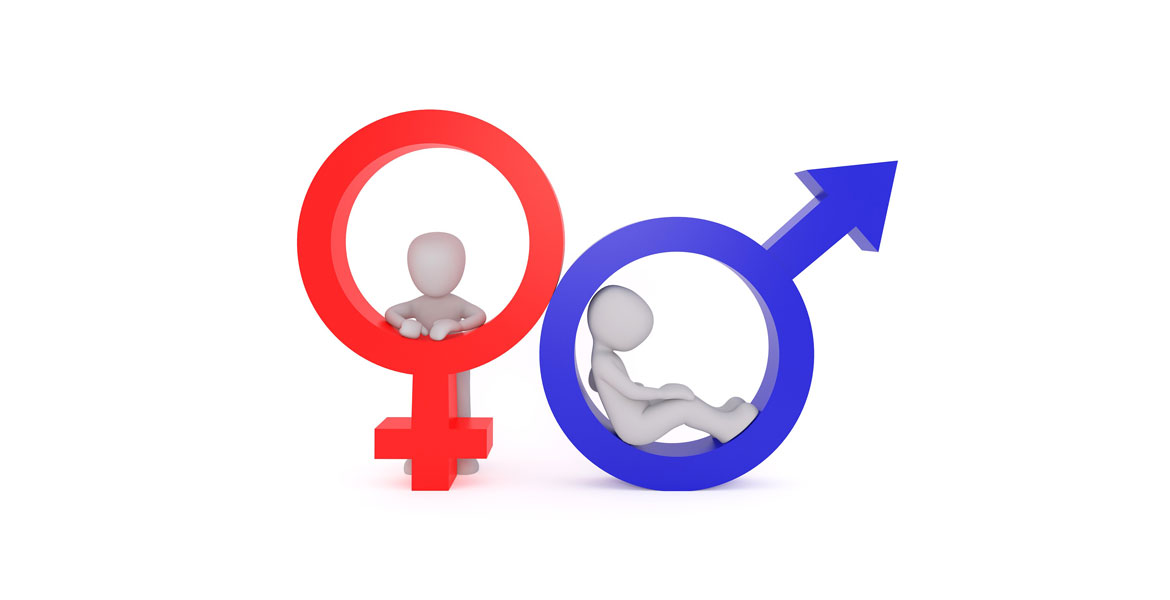 ilustración figuras humanas con símbolos de lo masculino y lo femenino