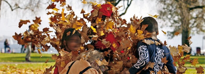 Varios niños juegan con hojas secas