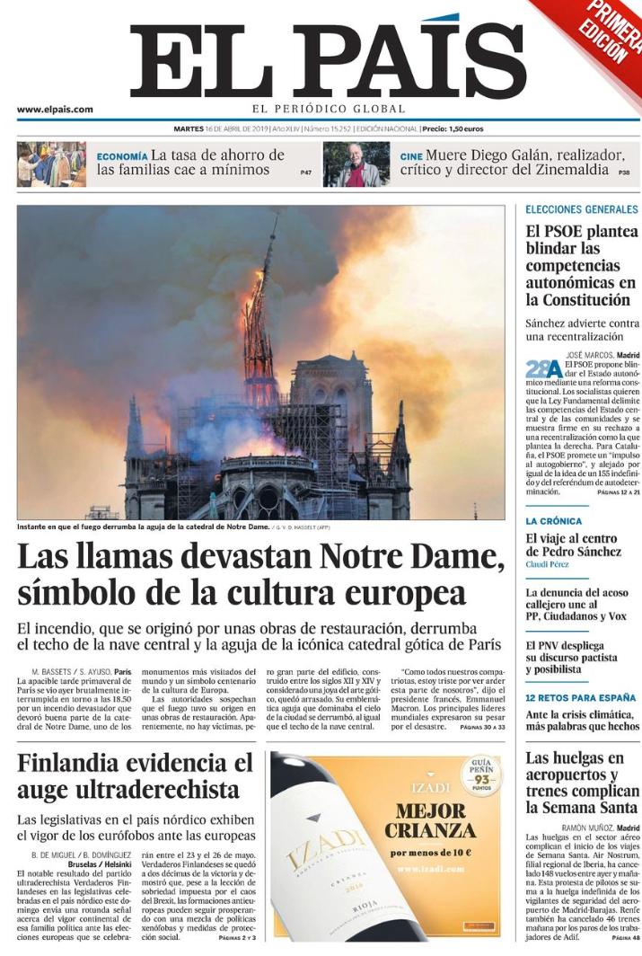 Las portadas de los periódicos españoles y franceses relatan el incendio en  la catedral de Notre Dame de París