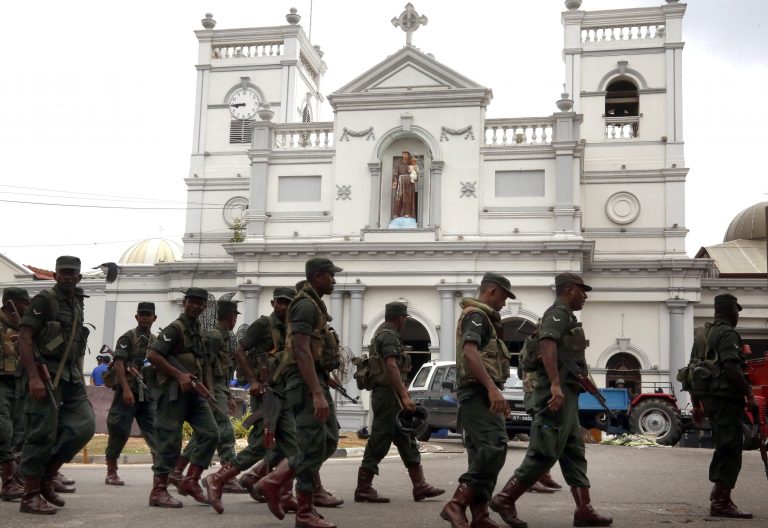 Aftermath of recent blasts at St. Anthony's Church, in Colombo Colombo (Sri Lanka), 27/04/2019.- Security personnel patrol outside St. Anthony's Church, one of the sites of recent blasts, in Colombo, Sri Lanka, 27 April 2019. According to reports, security was on high alert in the mosques and churches across Sri Lanka after at least 259 people were killed and hundreds more injured in a coordinated series of blasts during the Easter Sunday service at churches and hotels on 21 April 2019. EFE/EPA/M.A. PUSHPA KUMARA