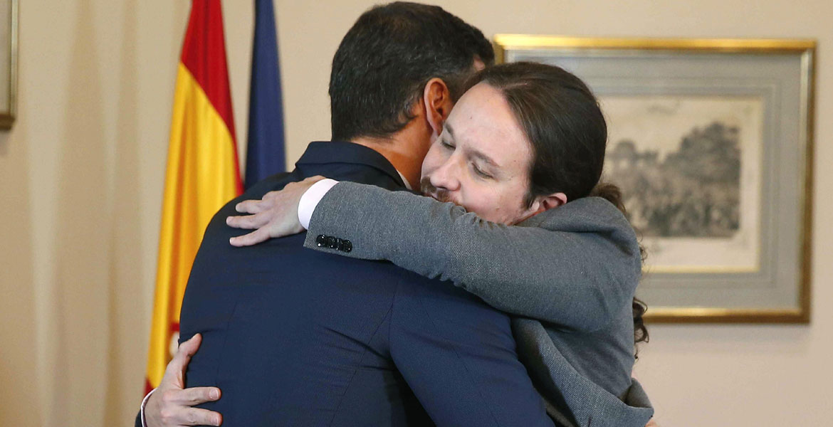 preacuerdo colacion PSOE Unidas Podemos 12 de noviembre 2019abrazo-pedro-sanchez-pablo-iglesias