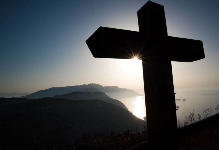 cruz, montaña, lago