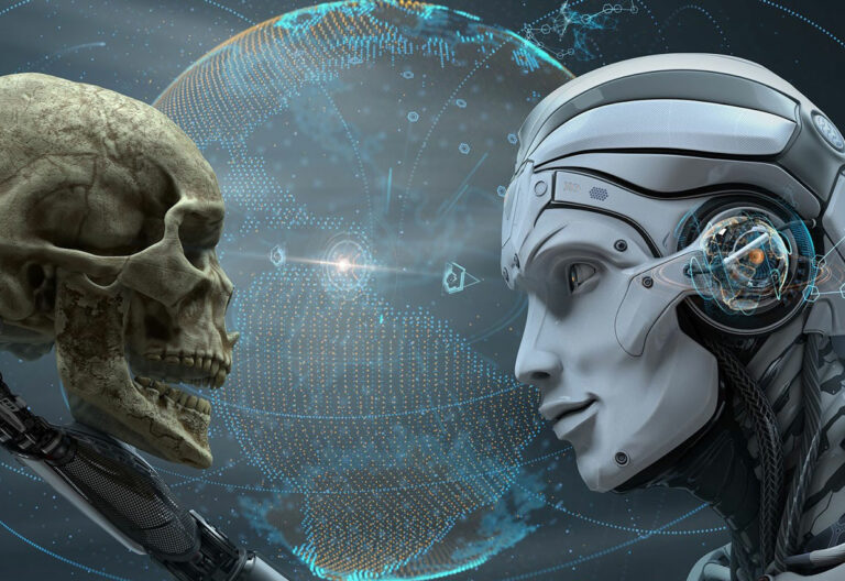 Robot con una calavera en la mano