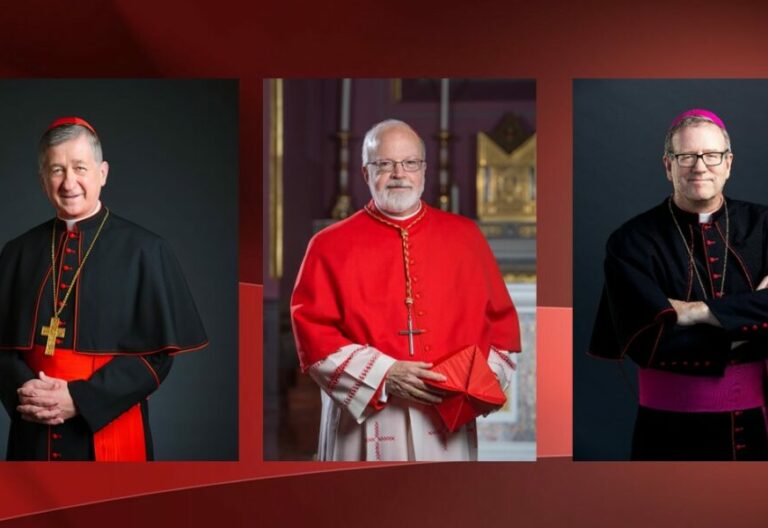 Los cardenales Cupich y O'Malley, junto al obispo Robert Barron