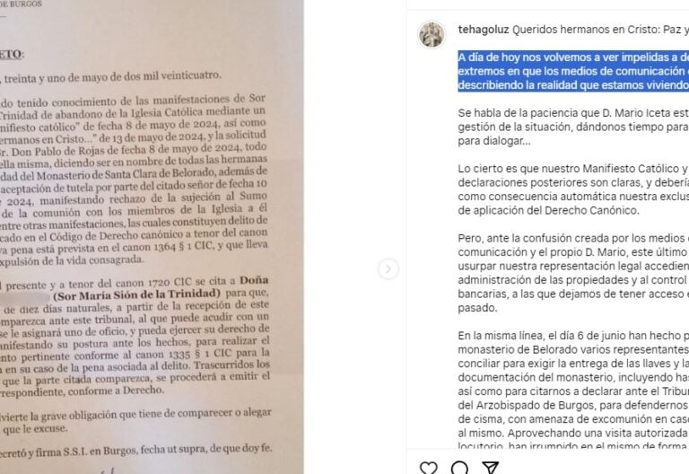 Post de las monjas de Belorado en Instagram