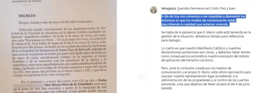 Post de las monjas de Belorado en Instagram