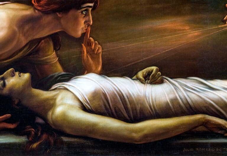 Detalle de La muerte de santa Inés, pintura de Julio Romero de Torres