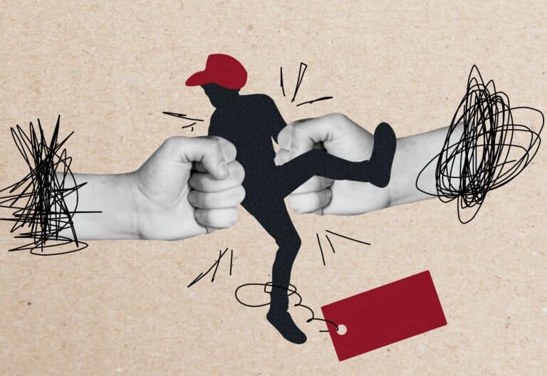 Ilustración de manos presionando a una persona. Bullyng. Xenofobia