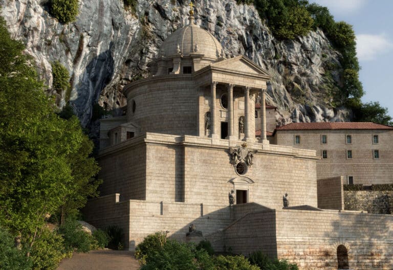 Exterior del proyecto del arquitecto Ventura Rodríguez para el santuario de Covadonga