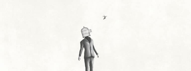 Ilustración de hombre con cabeza de jaula abierta y un pájaro en libertad