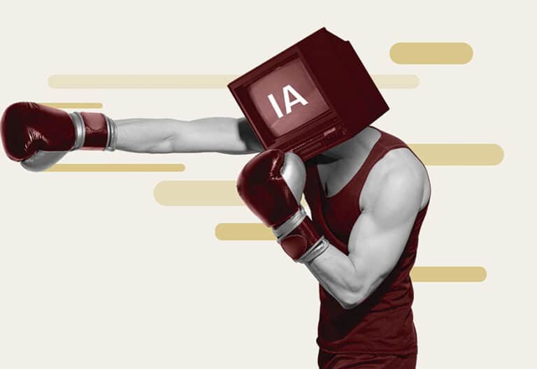 Hombre boxeando con cabeza de ordenador