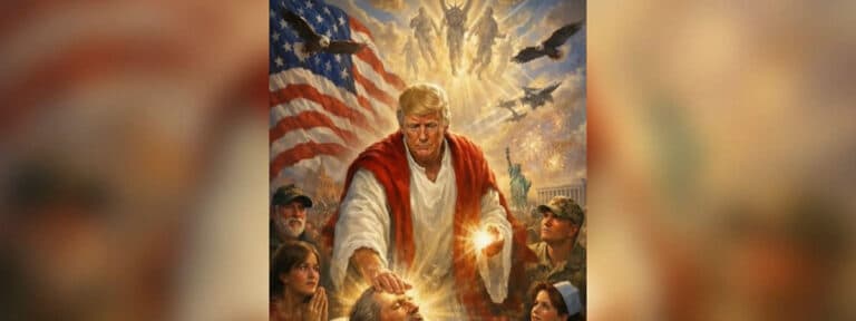 Donald Trump encarnando a la figura de Jesucristo y sanando a un enfermo postrado en una cama. Aparece rodeado de militares, sanitarios y una mujer civil rezando.