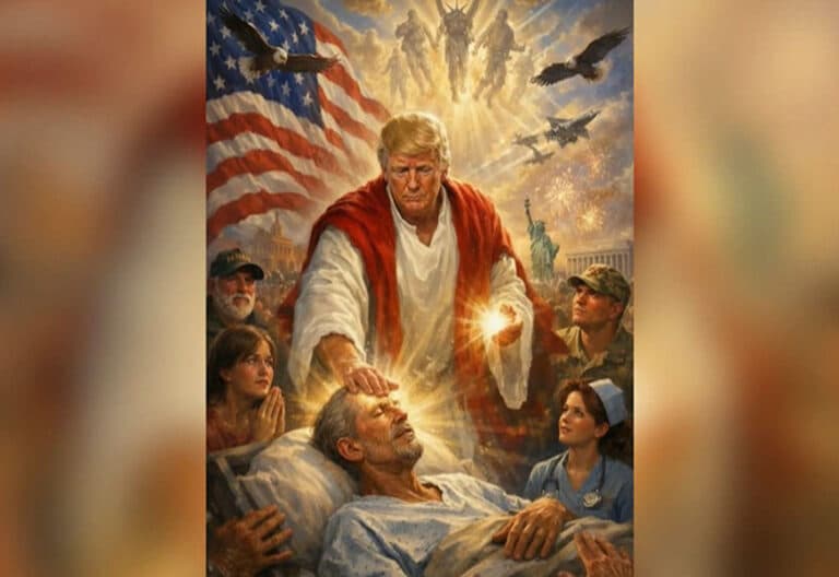 Donald Trump encarnando a la figura de Jesucristo y sanando a un enfermo postrado en una cama. Aparece rodeado de militares, sanitarios y una mujer civil rezando.