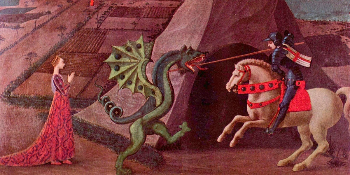 San Jorge luchando contra el dragón en una pintura medieval