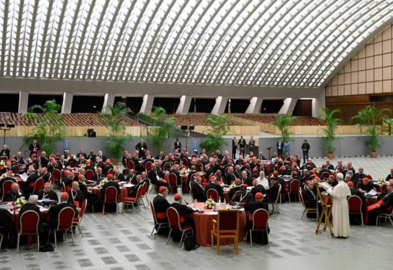 León XIV, ante los cardenales, en el consistorio de junio de 2026