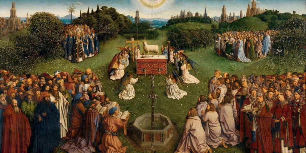 Día de todos los santos. En esta representación de los hermanos van Eyck, los santos del cielo se